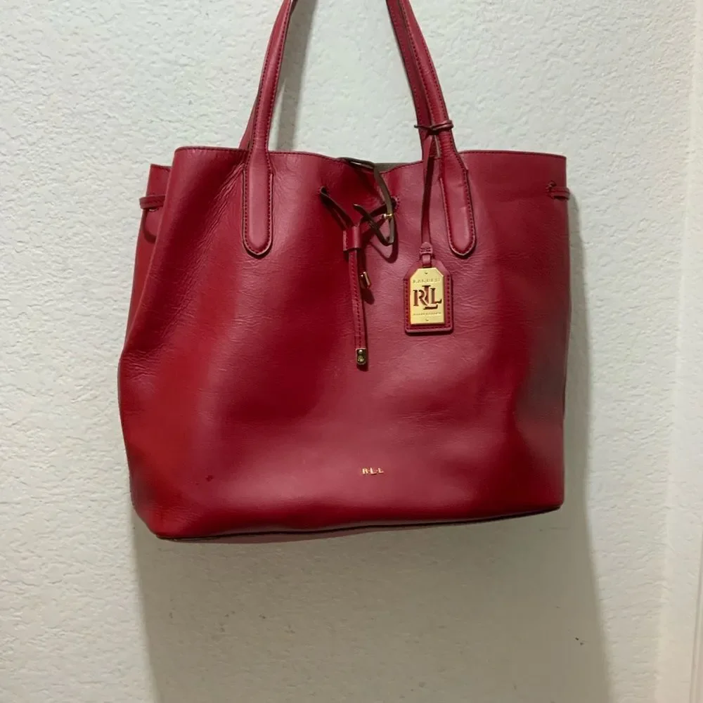 Ralph Lauren Red Leather Tote drawstring open top - Picture 2 of 11